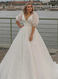 Boho Ball-Gown V-Neck Organza Wedding Dresses With Appliques Lace Sleeves
