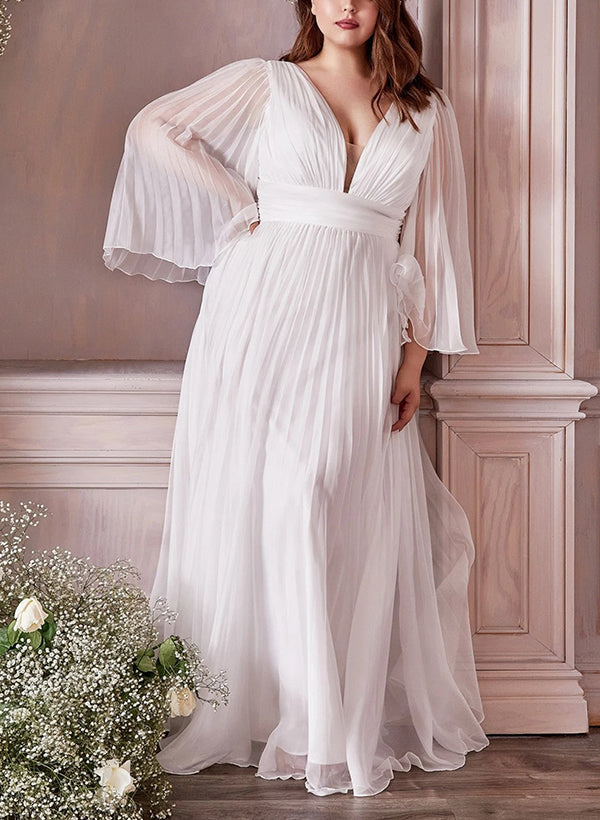 Plus Size Boho A-Line V-Neck Long Sleeves Pleated Wedding Dresses With Chiffon