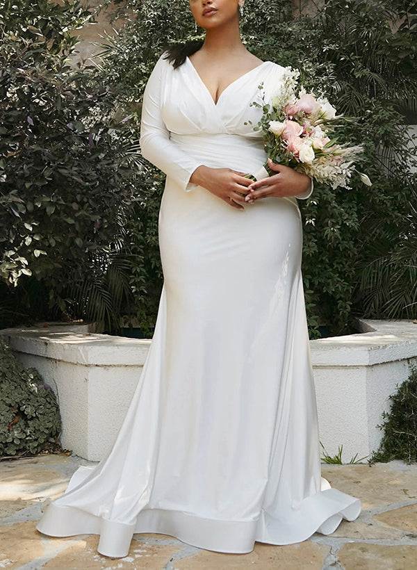 Plus Size Sheath/Column V-Neck Long Sleeves Wedding Dresses With Satin Cascading Ruffles