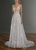 A-Line V-Neck Sleeveless Tulle Cathedral Train Wedding Dress With Appliques Lace