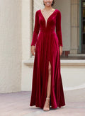 A-Line V-Neck Long Sleeves Velvet Bridesmaid Dresses With Split Front