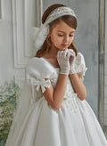 Ball-Gown Square Neckline Short Sleeves Sweep Train Satin Flower Girl Dresses With Bow(s)