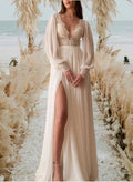 Long Sleeves Lace Open Back Wedding Dresses With V-Neck Chiffon Floor-Length