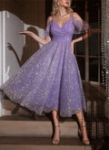 A-Line V-Neck Short Sleeves Tea-Length Homecoming Dresses