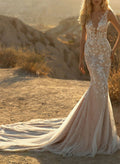 Trumpet/Mermaid Illusion Neck Tulle Wedding Dresses With Appliques Lace
