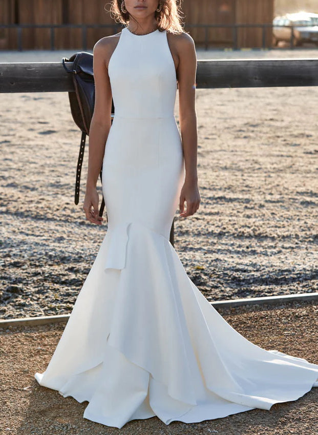 Simple Trumpet/Mermaid Back Hole Wedding Dresses With Elastic Satin
