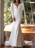 Long Sleeves Trumpet/Mermaid V-Neck Wedding Dresses With Elastic Satin