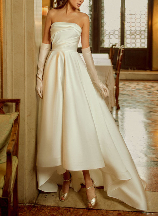 A-Line Strapless Sleeveless Asymmetrical Satin Wedding Dresses With Bow(s)