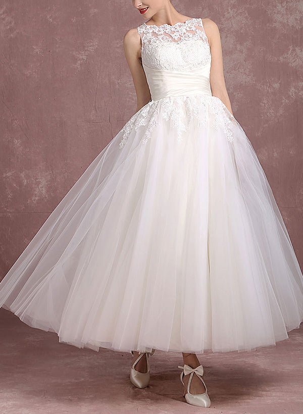 Ball-Gown Illusion Neck Sleeveless Lace/Tulle Wedding Dresses With Bow(s)