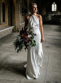 Open Back Halter Sleeveless Sweep Train Silk Like Satin Wedding Dresses