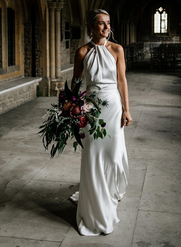 Open Back Halter Sleeveless Sweep Train Silk Like Satin Wedding Dresses