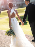 A-Line Halter Sleeveless Sweep Train Silk Like Satin Wedding Dresses