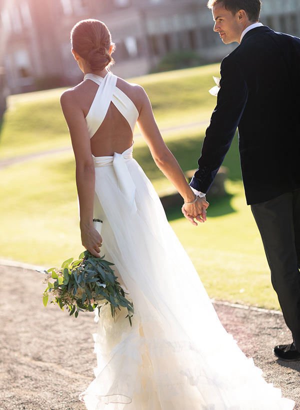 A-Line Halter Sleeveless Sweep Train Silk Like Satin Wedding Dresses