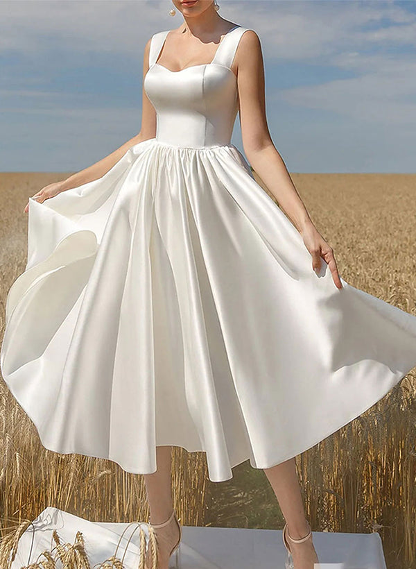 A-Line Sweetheart Sleeveless Tea-Length Satin Wedding Dresses