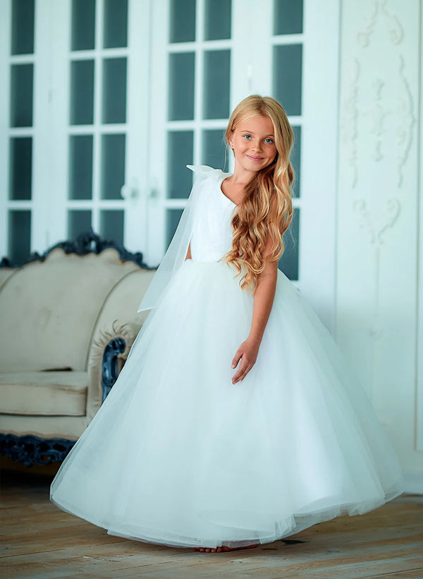 A-Line One-Shoulder Sleeveless Tulle Flower Girl Dresses With Bow(s)
