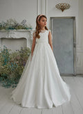 A-Line Illusion Neck Sweep Train Flower Girl Dresses With Appliques Lace