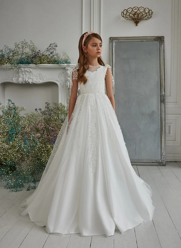 A-Line Illusion Neck Sweep Train Flower Girl Dresses With Appliques Lace