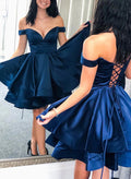 A-Line Off-The-Shoulder Short/Mini Satin Homecoming Dresses With Cascading Ruffles