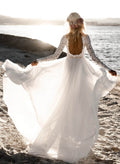 Boho Beach Lace Open Back A-Line Wedding Dresses With Long Sleeves