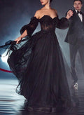 A-Line Sweetheart 3/4 Sleeves Tulle Prom Dresses With Appliques Lace