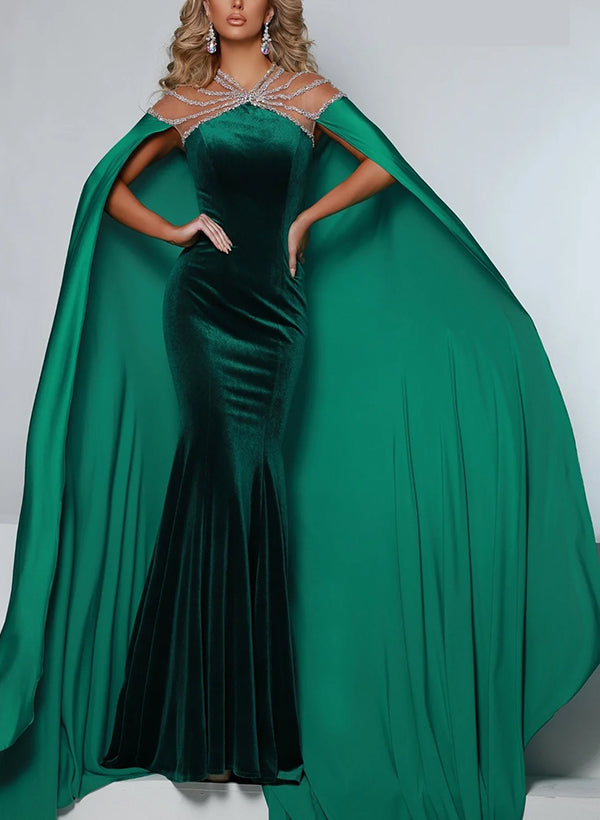 Velvet Trumpet/Mermaid Satin Cape Evening Dresses With Beading