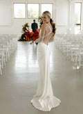 Open Back Cowl Neck Sleeveless Sweep Train Silk Like Satin Wedding Dresses