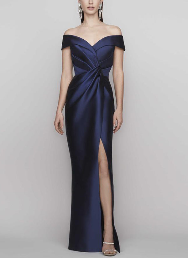 Sheath/Column Off-The-Shoulder Satin Evening Dresses With Split Front