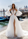 A-Line Sweetheart Short Sleeves Sweep Train Tulle Wedding Dresses With Appliques Lace