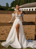 A-Line One-Shoulder Long Sleeves Court Train Wedding Dresses With Appliques Lace
