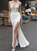 Trumpet/Mermaid Illusion Neck Lace/Jersey Wedding Dresses With Split Front