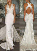 Mermaid V-Neck Sleeveless Sweep Train Silk Like Satin Wedding Dresses