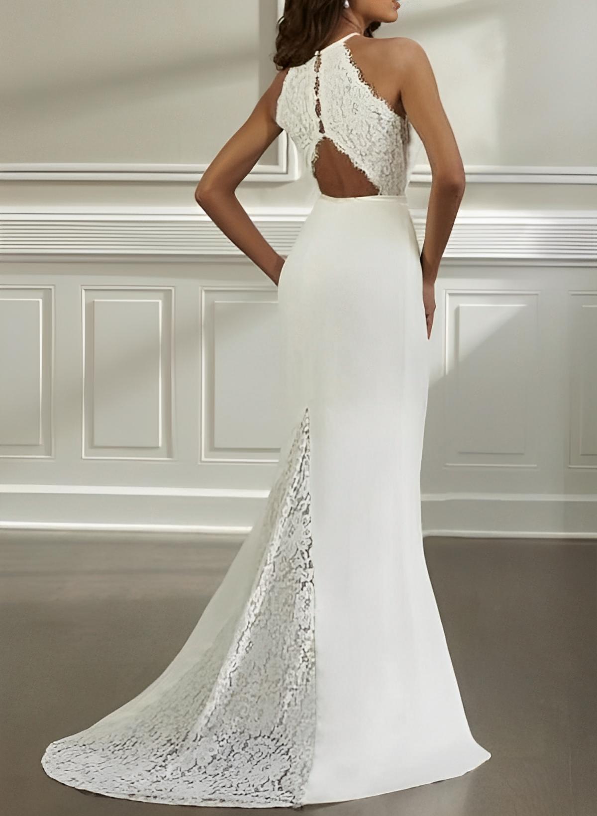 Mermaid Halter Sleeveless Sweep Train Lace/Elastic Satin Wedding Dresses