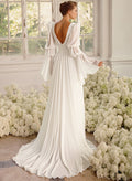 A-Line Illusion Neck Long Sleeves Chiffon Elegant Wedding Dresses With Pleated