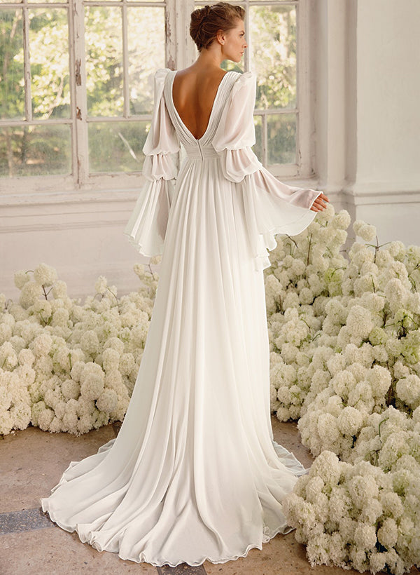 A-Line Illusion Neck Long Sleeves Chiffon Elegant Wedding Dresses With Pleated