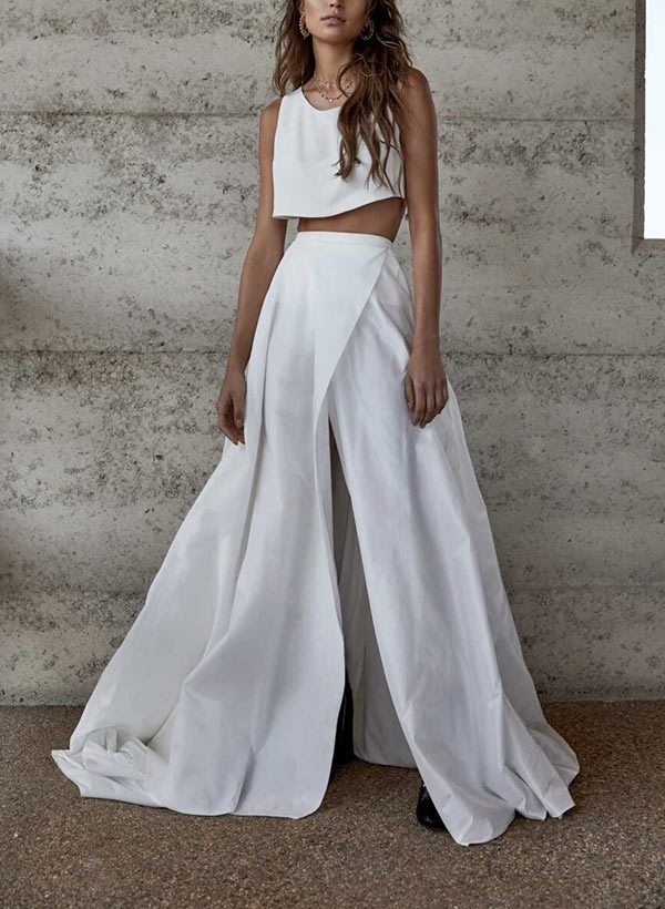 A-Line Scoop Neck Sleeveless Sweep Train Wedding Dresses With Split Front