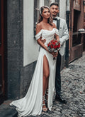 Minimalist Off-The-Shoulder A-Line Silk Like Satin Wedding Dresses With Split Front