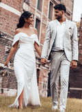 Simple Off-The-Shoulder Sheath/Column Slit Wedding Dresses With Elastic Satin