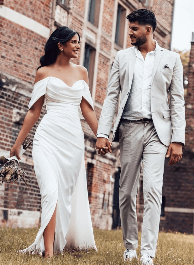 Simple Off-The-Shoulder Sheath/Column Slit Wedding Dresses With Elastic Satin