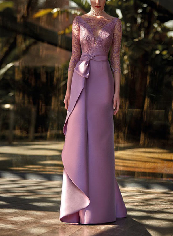 Sheath Illusion Neck 3/4 Sleeves Floor-Length Lace/Satin Mother Of The Bride Dresses With Ruffle