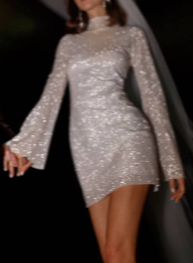 Sparkly Minimalist High Neck Long Sleeves Wedding Dresses With Sheath/Column