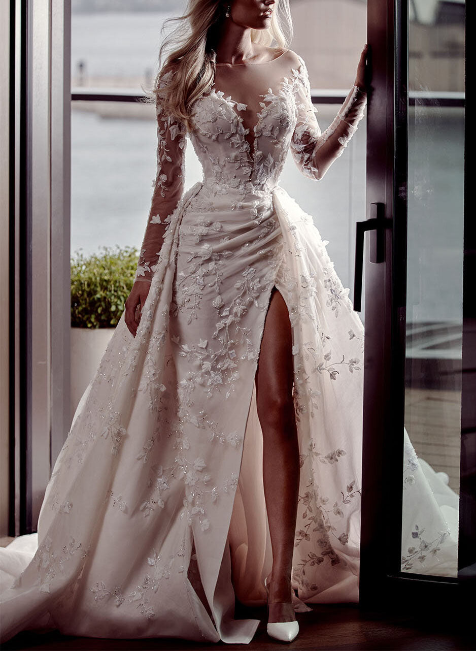 Luxury Lace Long Sleeves Slit Wedding Dresses