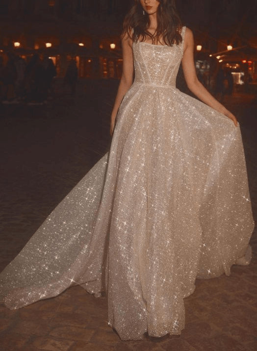 Sparkly Sequined A-Line Square Neckline Wedding Dresses