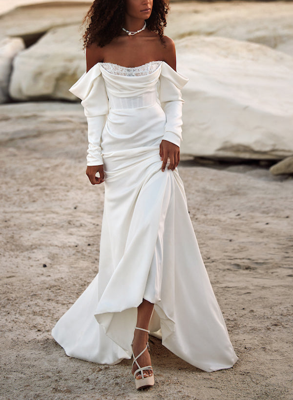 Sheath/Column Off-The-Shoulder Long Sleeves Satin Wedding Dresses With Sequins
