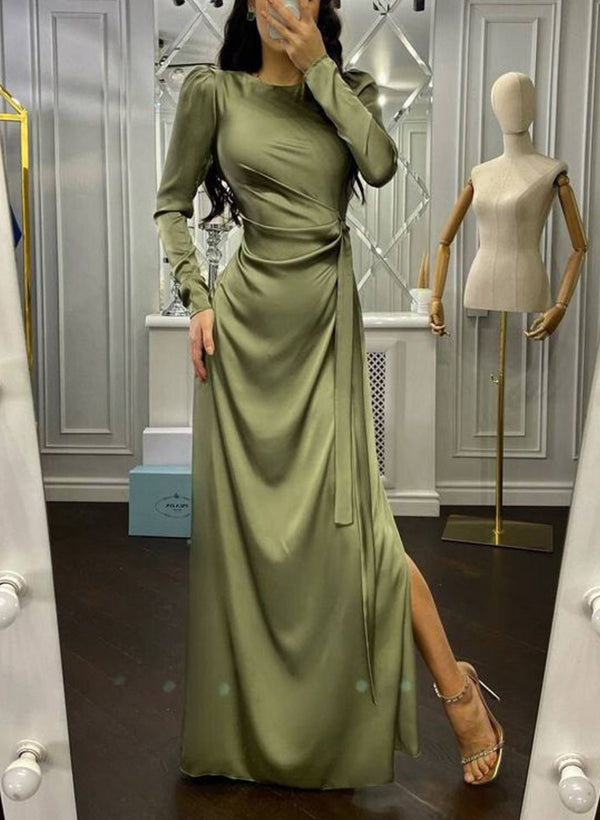 Sheath/Column Long Sleeves Silk Like Satin Mother Of The Bride Dresses With Split Front