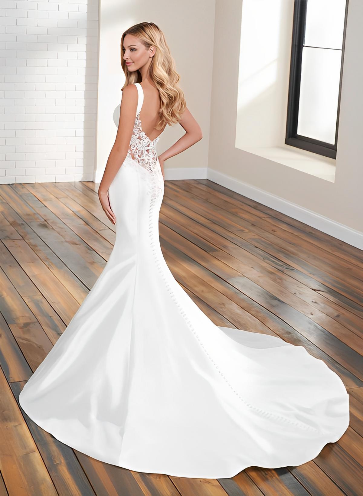Mermaid Square Neckline Sleeveless Court Train Elastic Satin Wedding Dresses With Lace