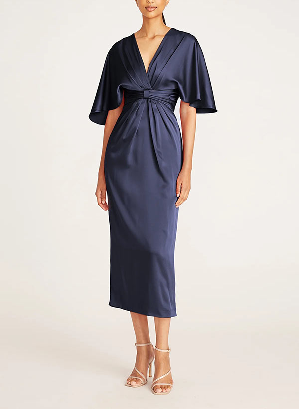 V-Neck Short Sleeves Tea-Length Charmeuse Mother Of The Bride Dresses