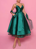 A-Line V-Neck Sleeveless Satin/Tulle Cocktail Dresses With Pockets
