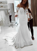 Trumpet/Mermaid Off-The-Shoulder Long Sleeves Lace/Elastic Satin Wedding Dresses