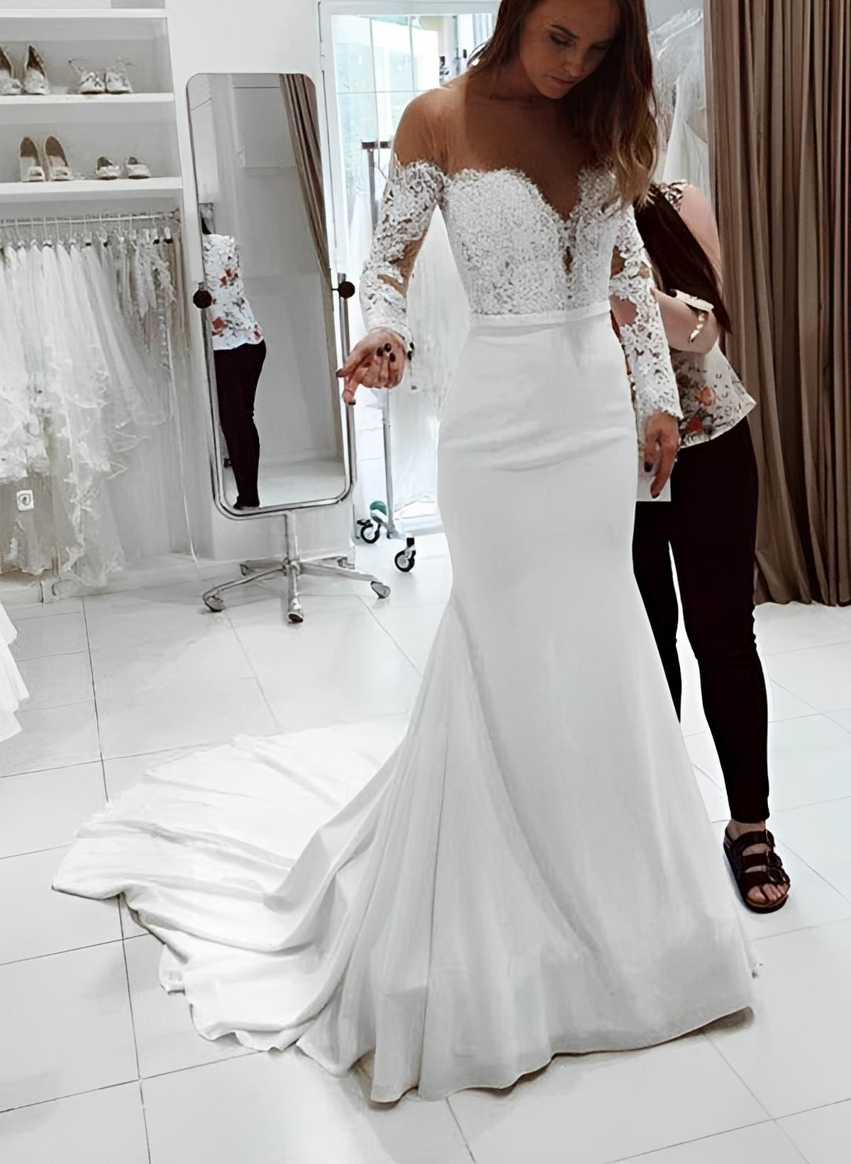 Trumpet/Mermaid Off-The-Shoulder Long Sleeves Lace/Elastic Satin Wedding Dresses