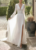 A-Line V-Neck Long Sleeves Sweep Train Chiffon Wedding Dresses With Lace